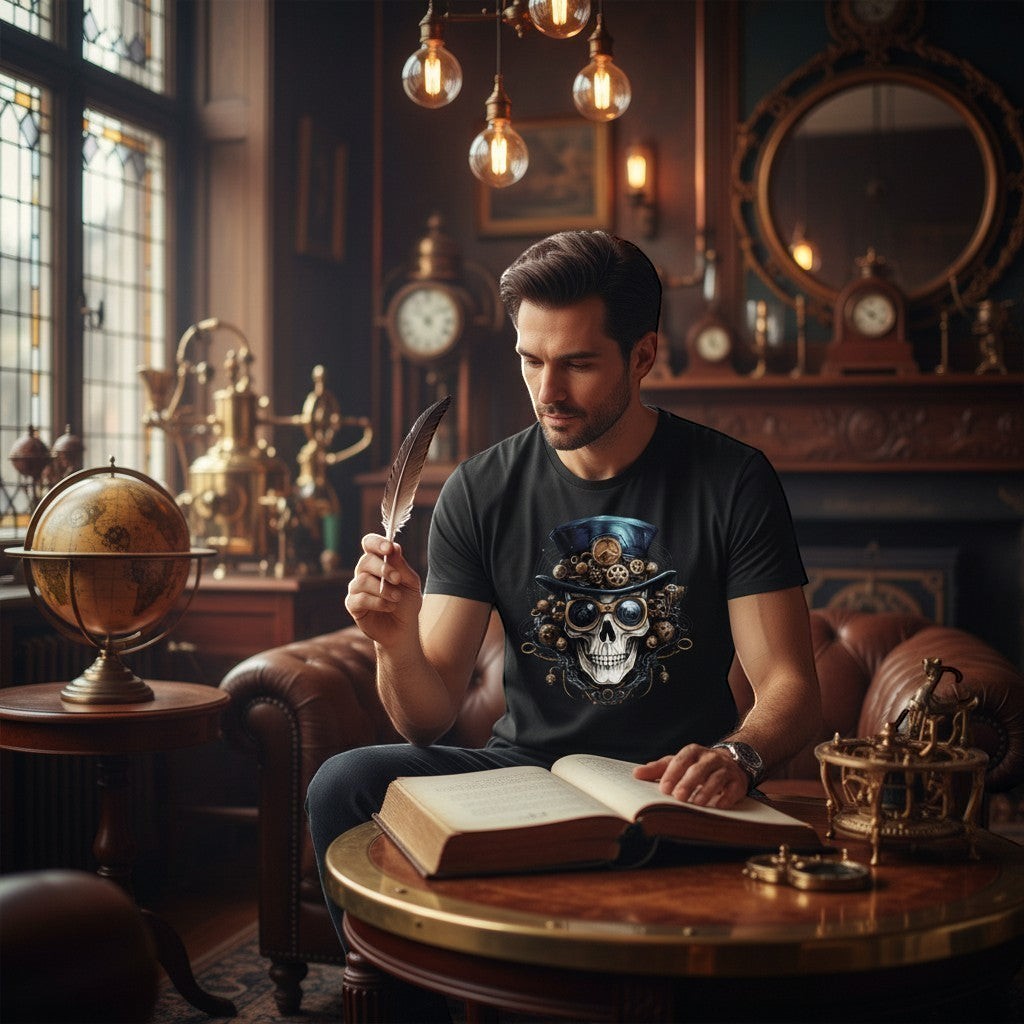 Illustrated Solutions Store black t-shirt with a detailed mechanical skull wearing goggles and a top hat, adorned with gears and chains.