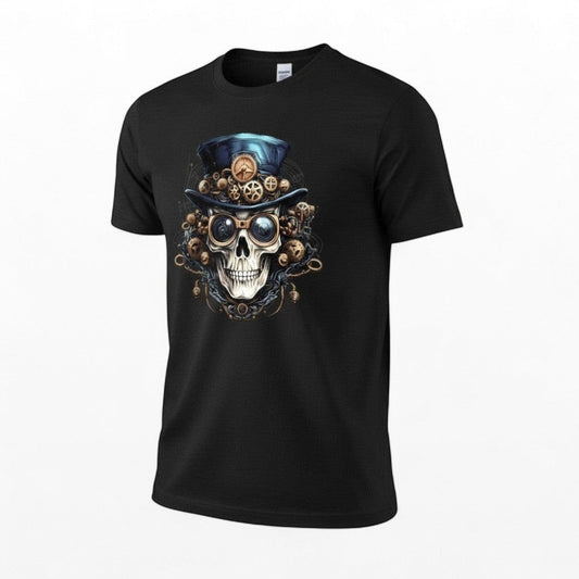 Illustrated Solutions Store black cotton t-shirt with a detailed steampunk mechanical skull graphic, featuring gears, goggles, and a top hat.