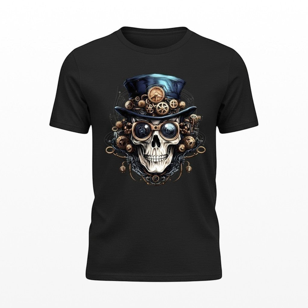 Illustrated Solutions Store black t-shirt featuring a mechanical steampunk skull with a top hat, gears, and goggles.