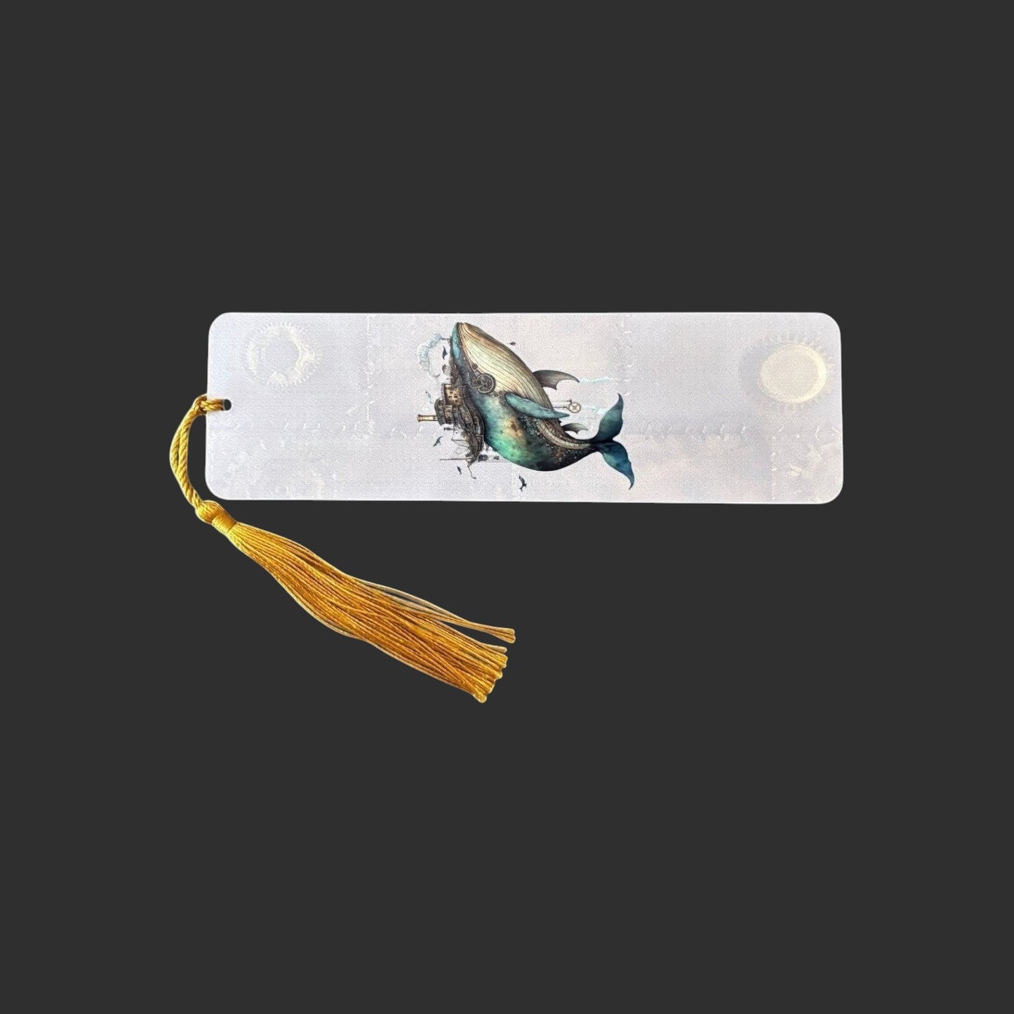 Illustrated Solutions Store steampunk whale bookmark made of aluminium with a vibrant mechanical design and gold tassel.