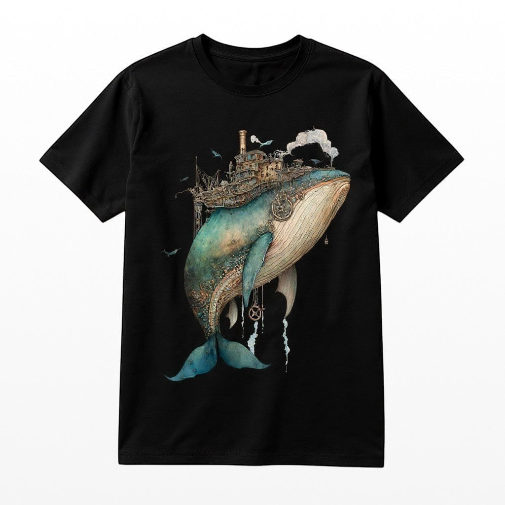 Illustrated Solutions Store black t-shirt with a detailed steampunk whale design featuring mechanical elements and a ship on its back.