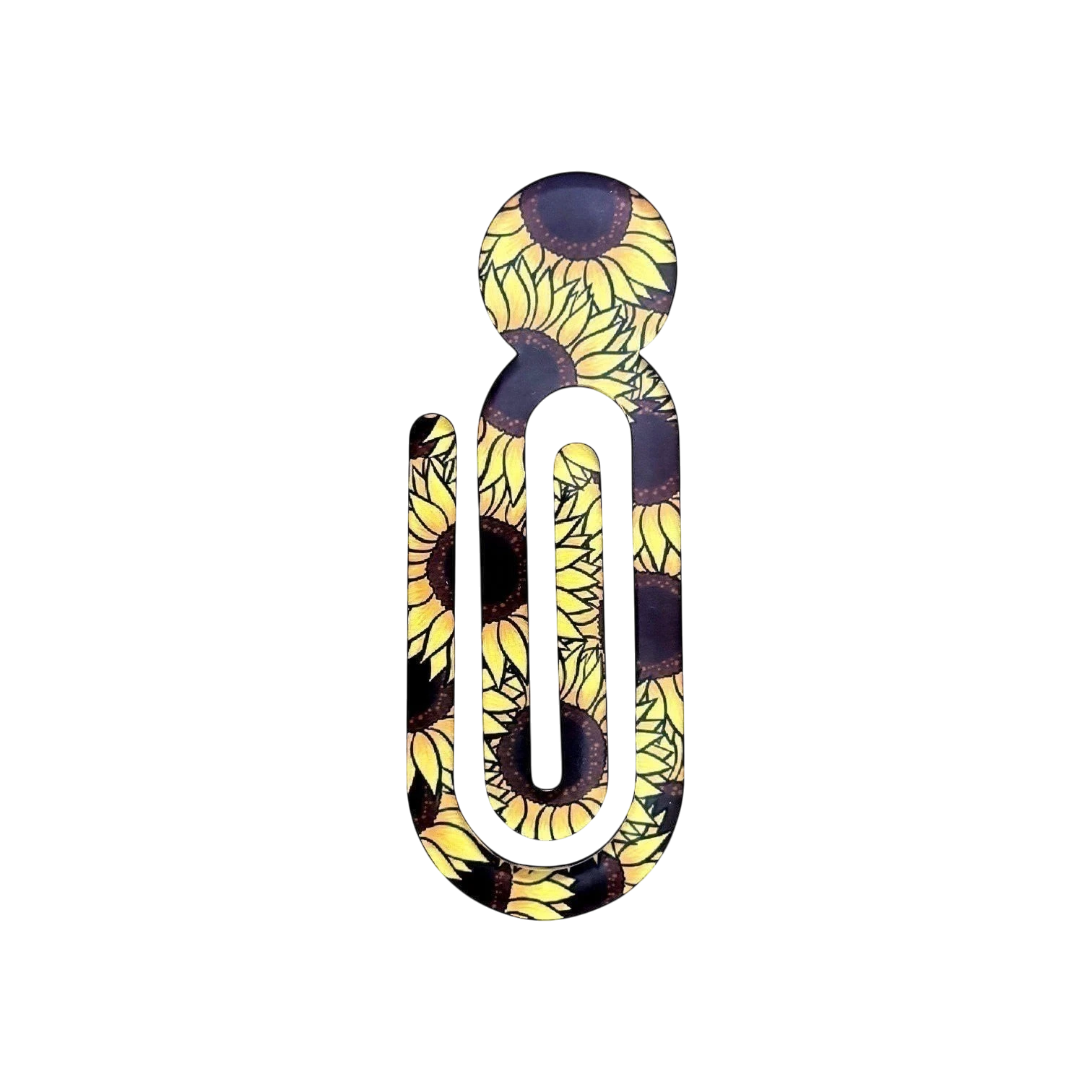 Illustrated Solutions Store acrylic book clip with a vibrant yellow and black sunflower pattern for journals