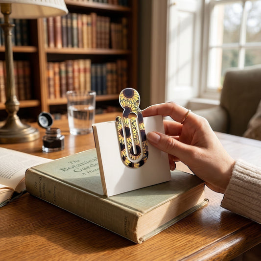 Illustrated Solutions Store acrylic book clip with a vibrant yellow sunflower pattern holding pages of a notebook.