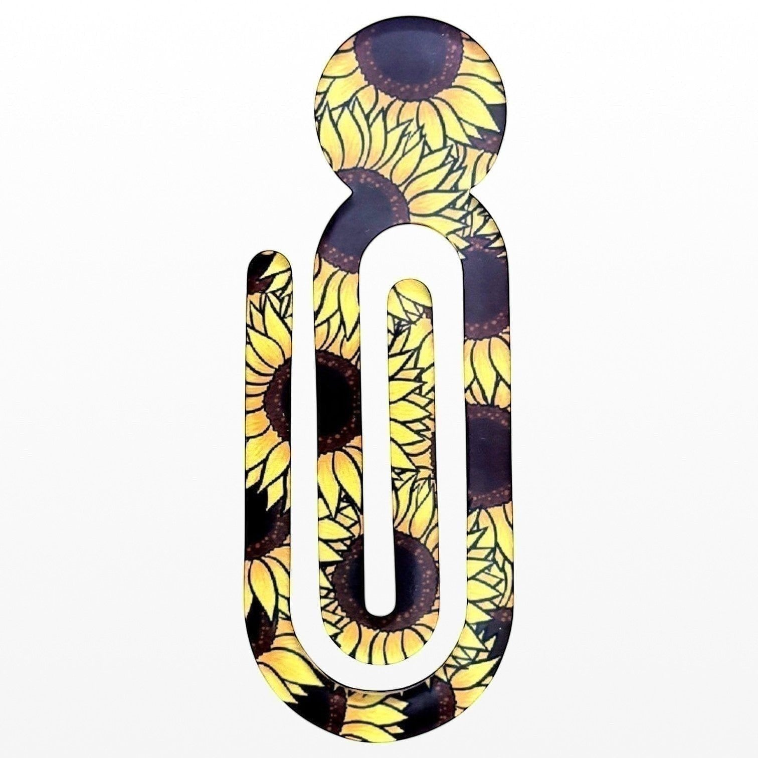 Illustrated Solutions Store acrylic book clip featuring a vibrant yellow sunflower pattern on a white background.