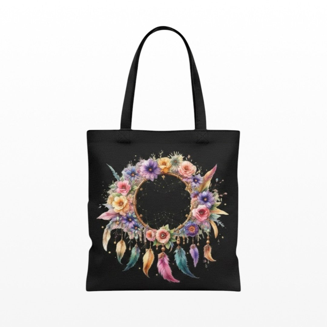 Illustrated Solutions Store canvas tote bag for everyday use, featuring a vibrant dreamcatcher design.