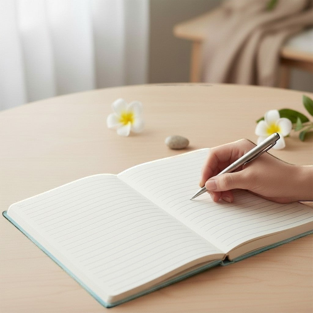 Illustrated Solutions Store wellbeing journal with lined pages, a light blue cover, and a hand writing with a silver pen.