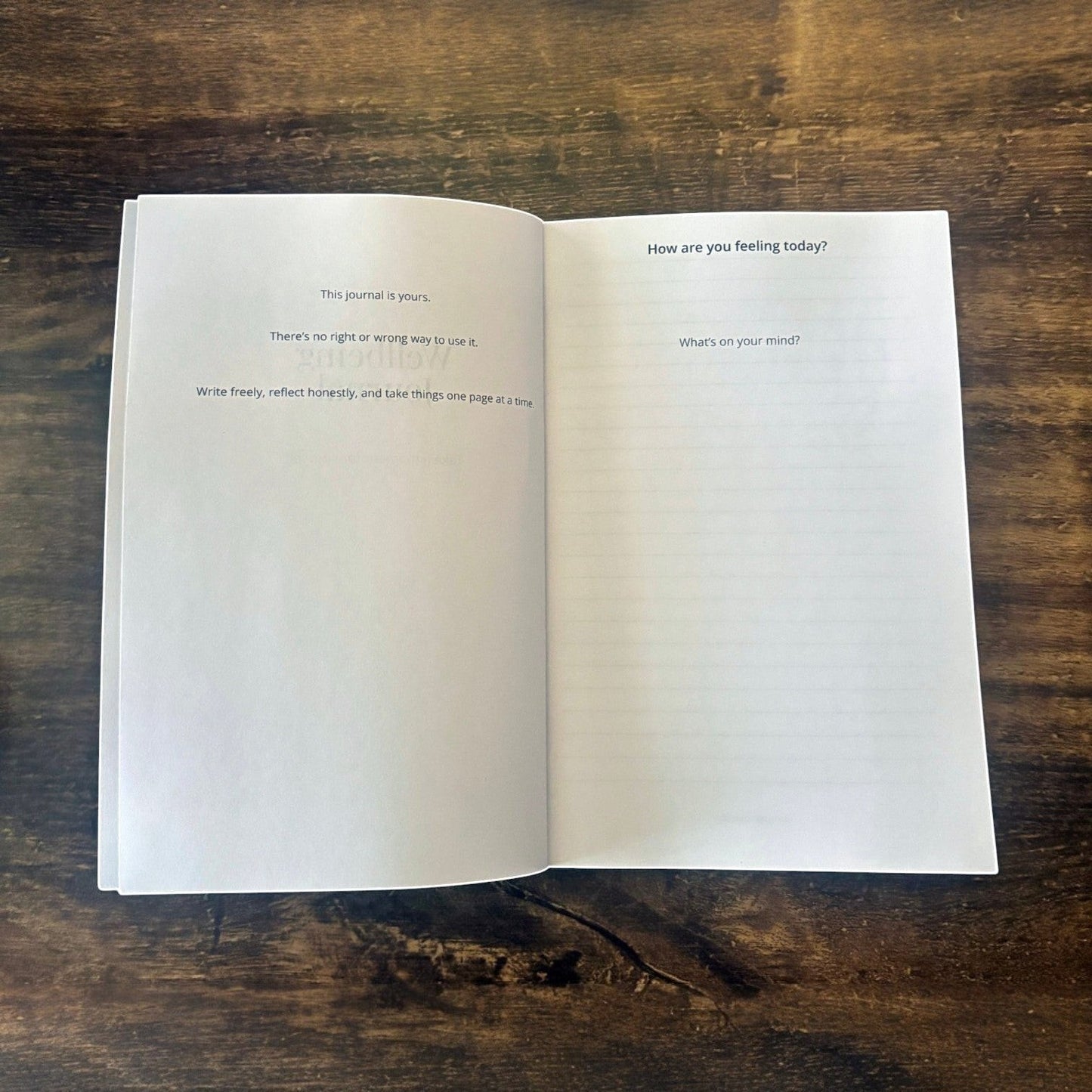 Illustrated Solutions Store wellbeing journal with prompts for daily reflections and mindfulness. Minimalist design on lined paper.