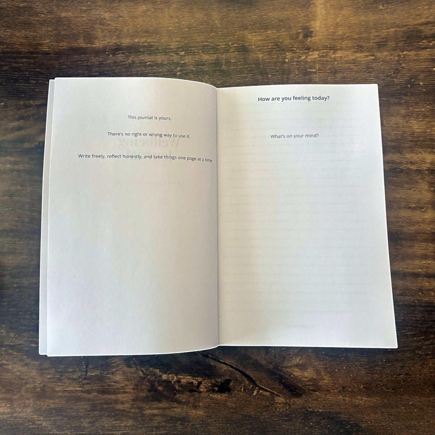 Illustrated Solutions Store wellbeing journal with prompts for daily reflections and mindfulness. Minimalist design on lined paper.