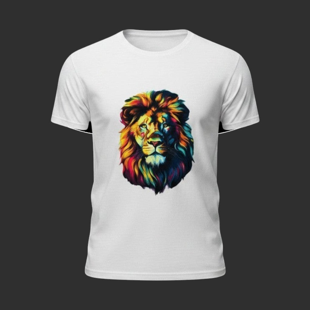 Illustrated Solutions Store white unisex polyester t-shirt with a vibrant, colourful watercolour lion graphic print on the chest.