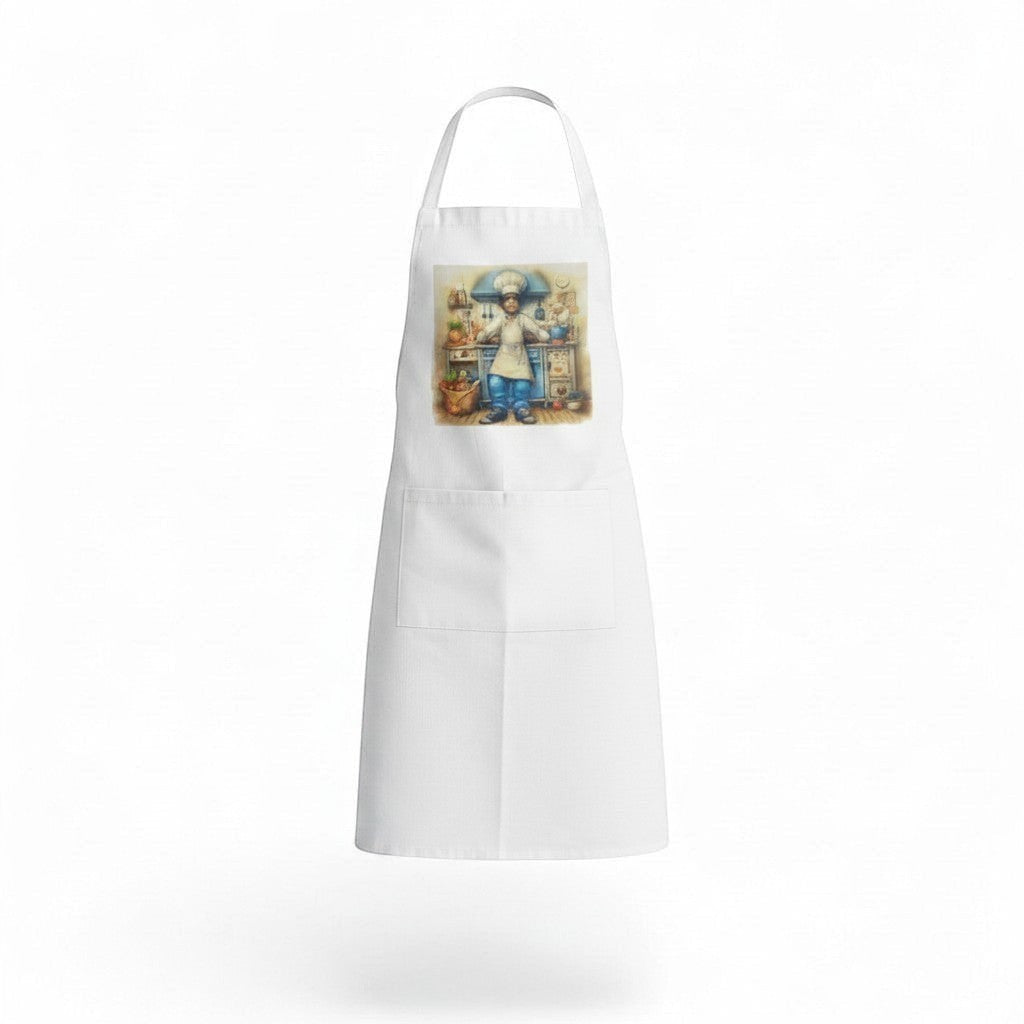 Illustrated Solutions Store cream cotton apron with a chef illustration in a kitchen setting, featuring a front pocket.