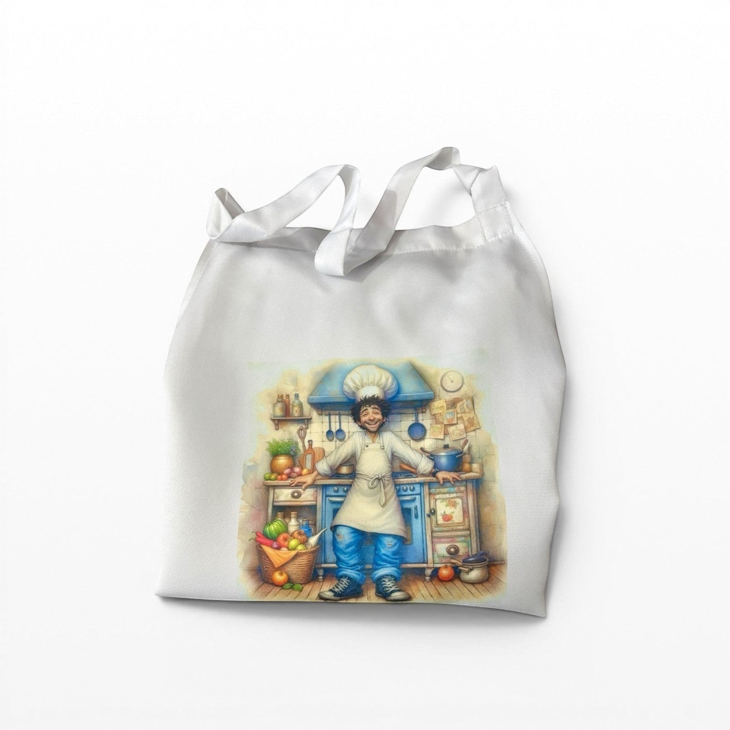 Illustrated Solutions Store white apron with a whimsical baking design featuring a smiling chef in a kitchen.