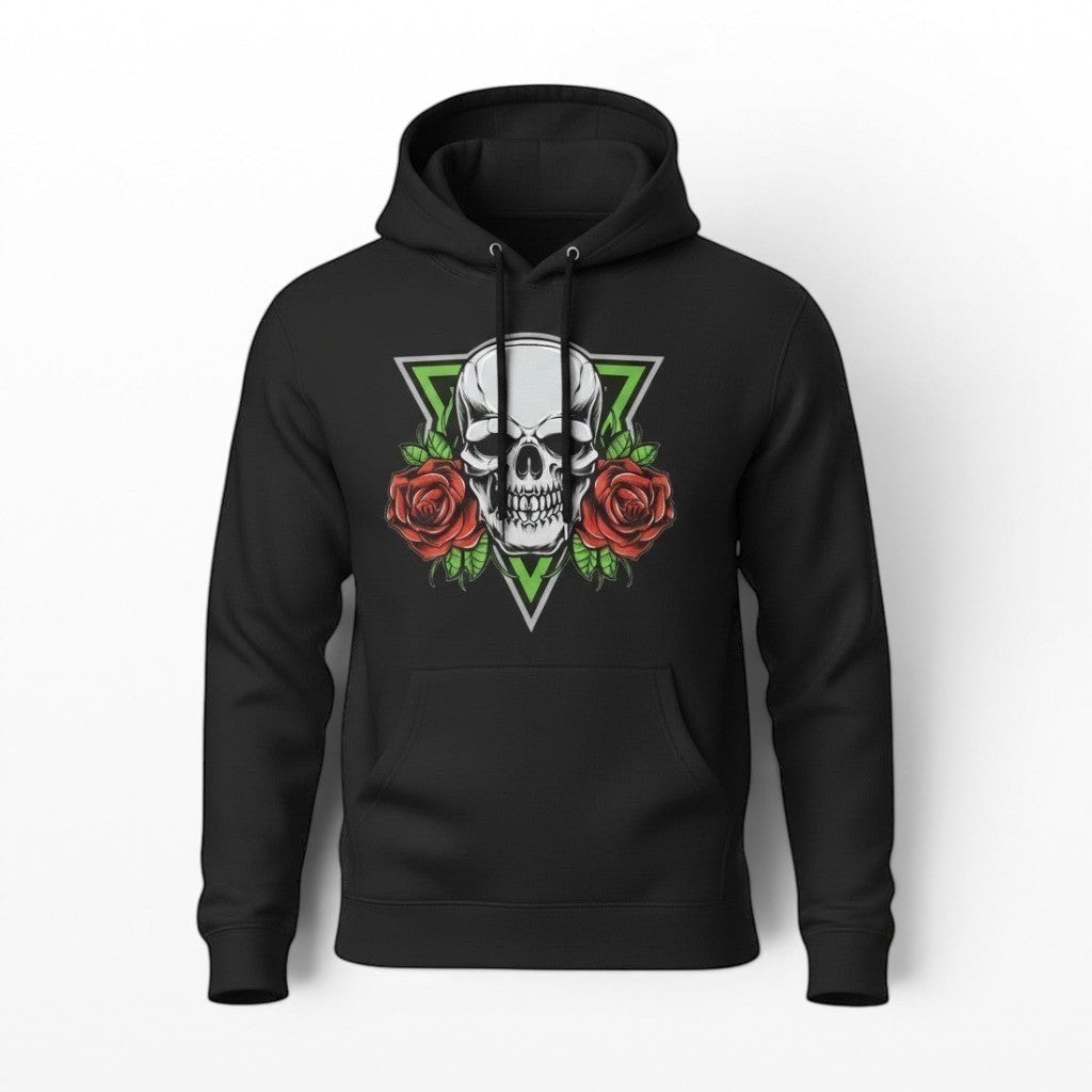 Illustrated Solutions Store black gothic hoodie with a white skull and red roses design on a green triangle.