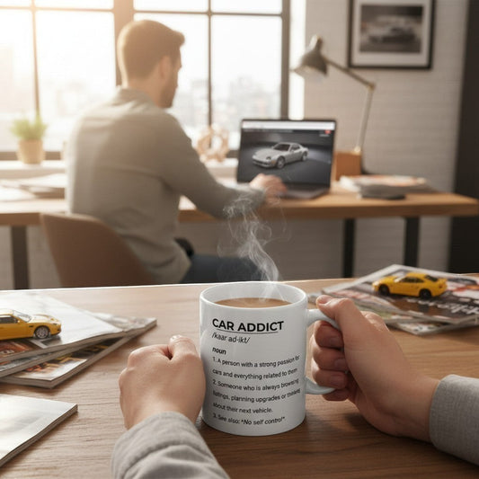 Illustrated Solutions Store white ceramic mug with "CAR ADDICT" definition print, held by a person at a desk with a laptop and car magazines.