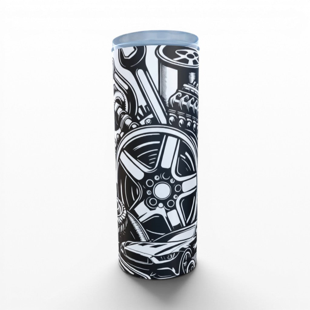 Illustrated Solutions Store black and white car enthusiast tumbler with engine parts and car design.