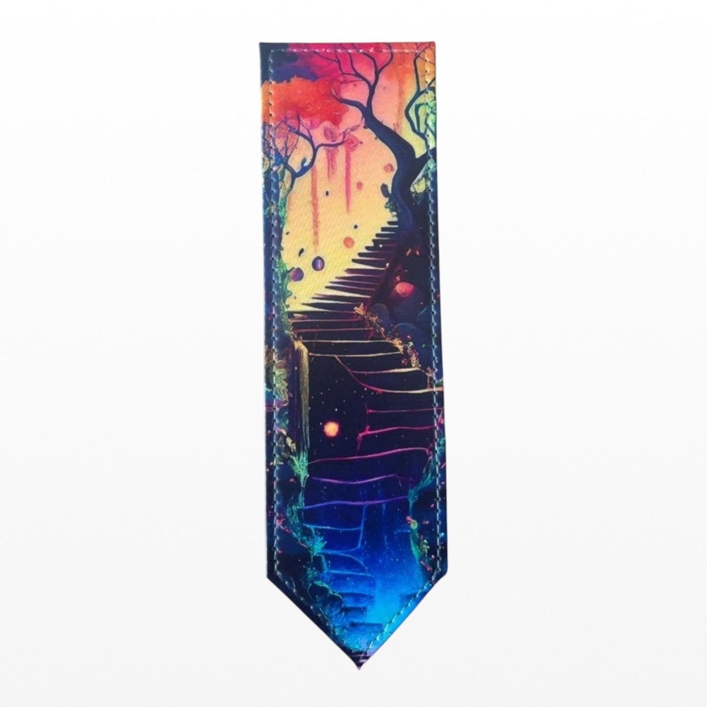 Illustrated Solutions Store leather bookmark featuring a surreal dreamscape stairway with vibrant colours and imaginative details.