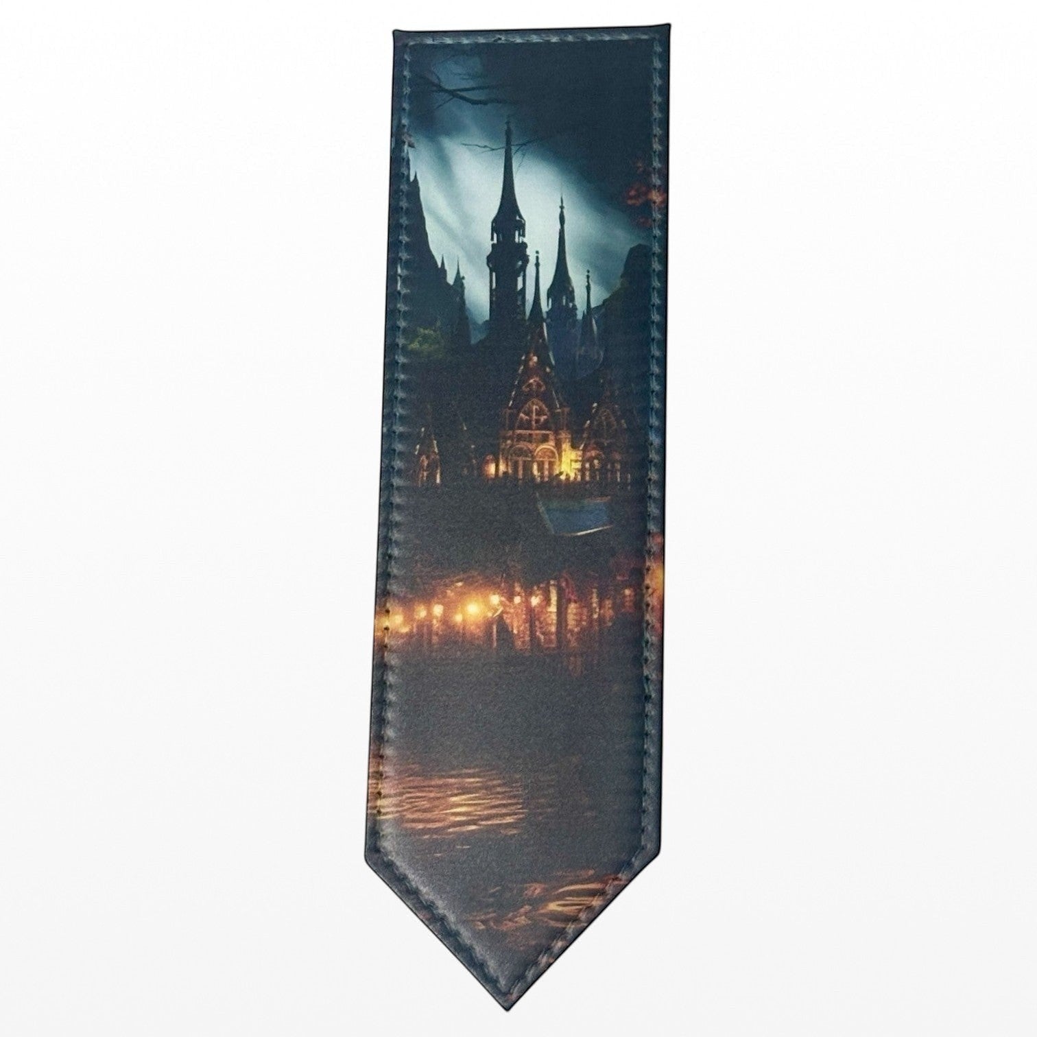 Illustrated Solutions Store gothic castle bookmark with reflection on water at night, dark elegance, fantasy aesthetic.