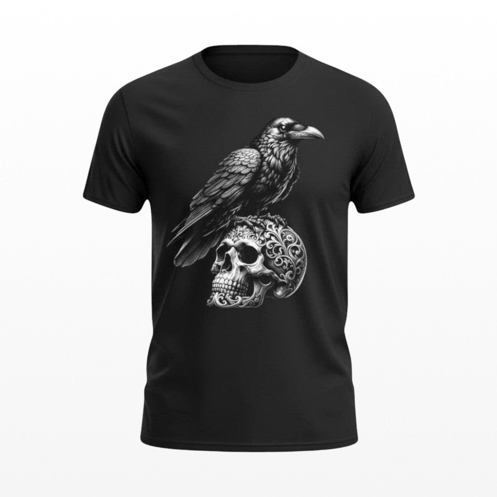 Illustrated Solutions Store black gothic t-shirt with a detailed raven perched on an ornate skull graphic.
