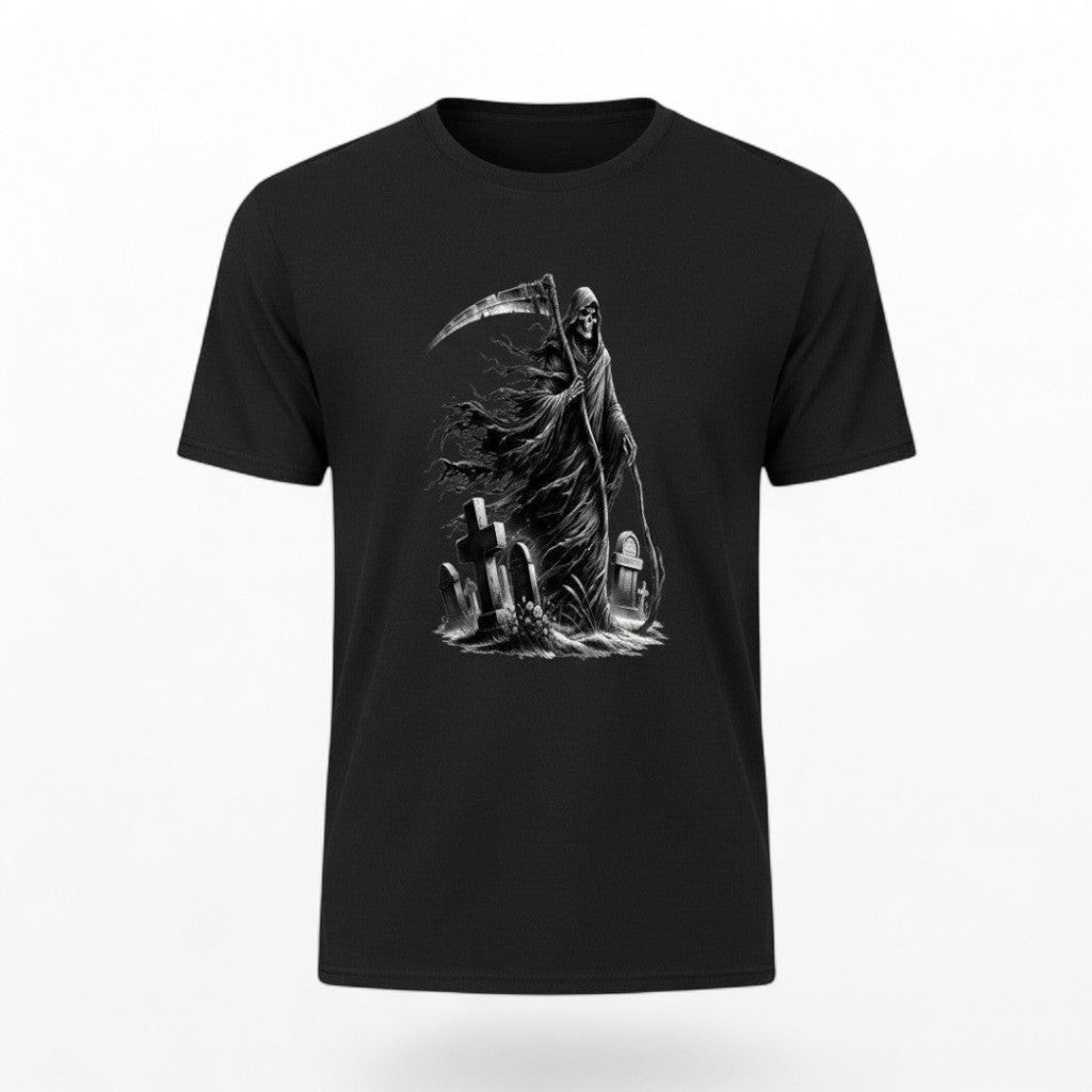 Illustrated Solutions Store black t-shirt with a high contrast grim reaper skull and scythe graphic on a graveyard background.