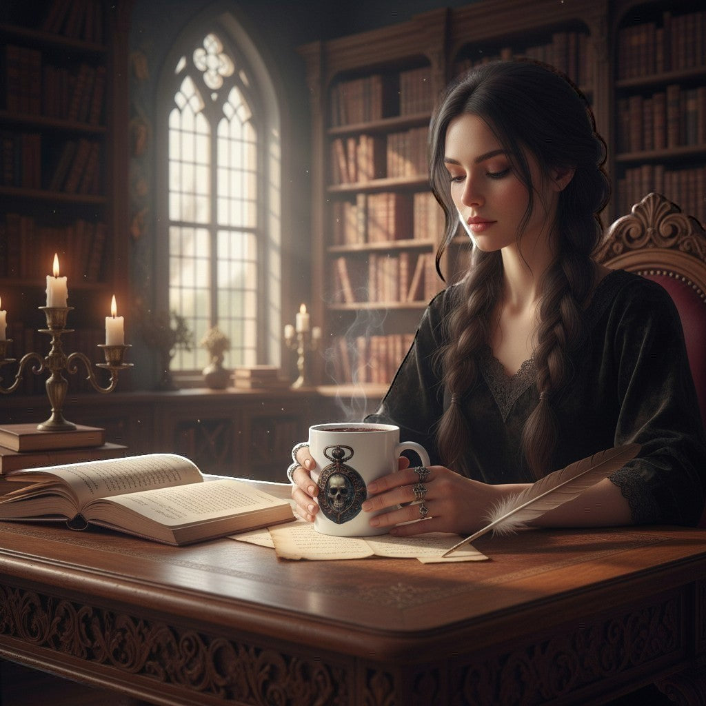 Illustrated Solutions Store white ceramic mug with a detailed gothic skull pocket watch illustration.
