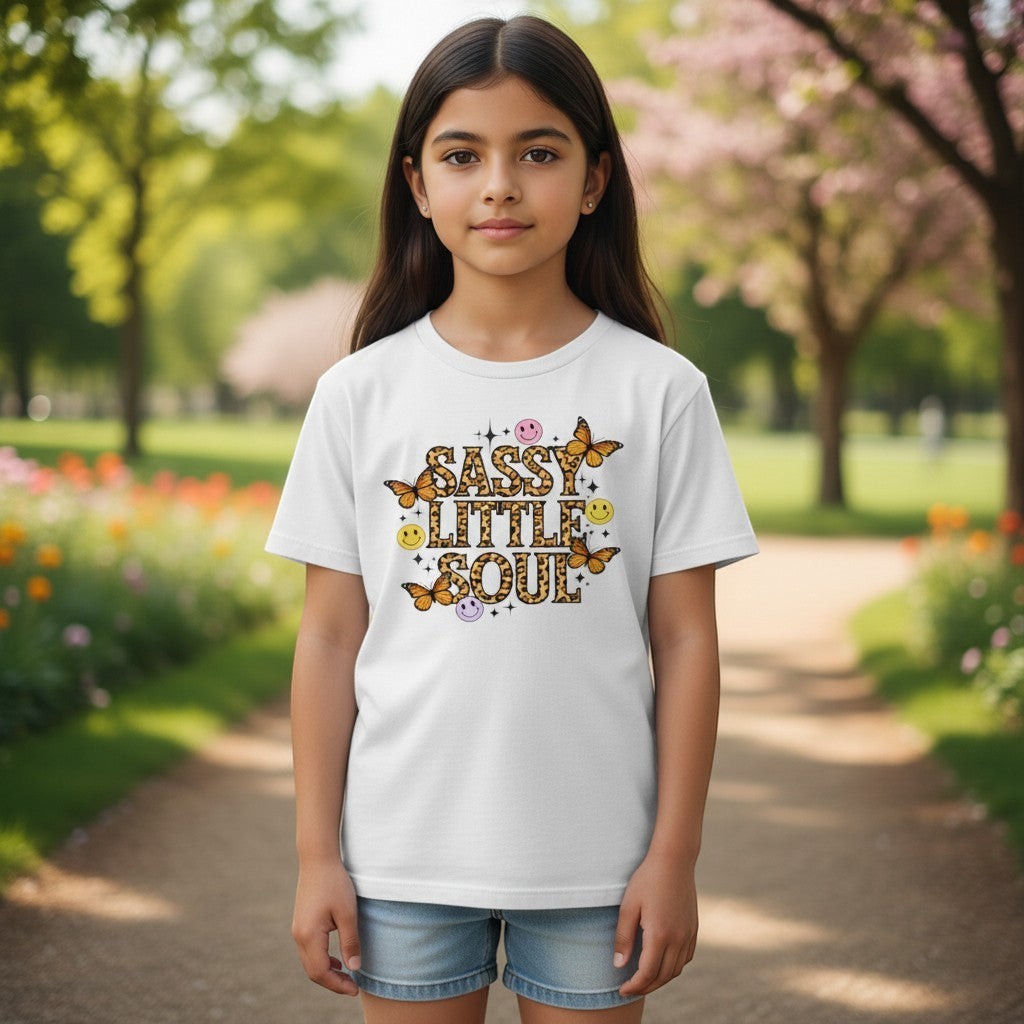 Illustrated Solutions Store white kids t-shirt with retro leopard print text 'Sassy Little Soul', butterflies and smiley faces.