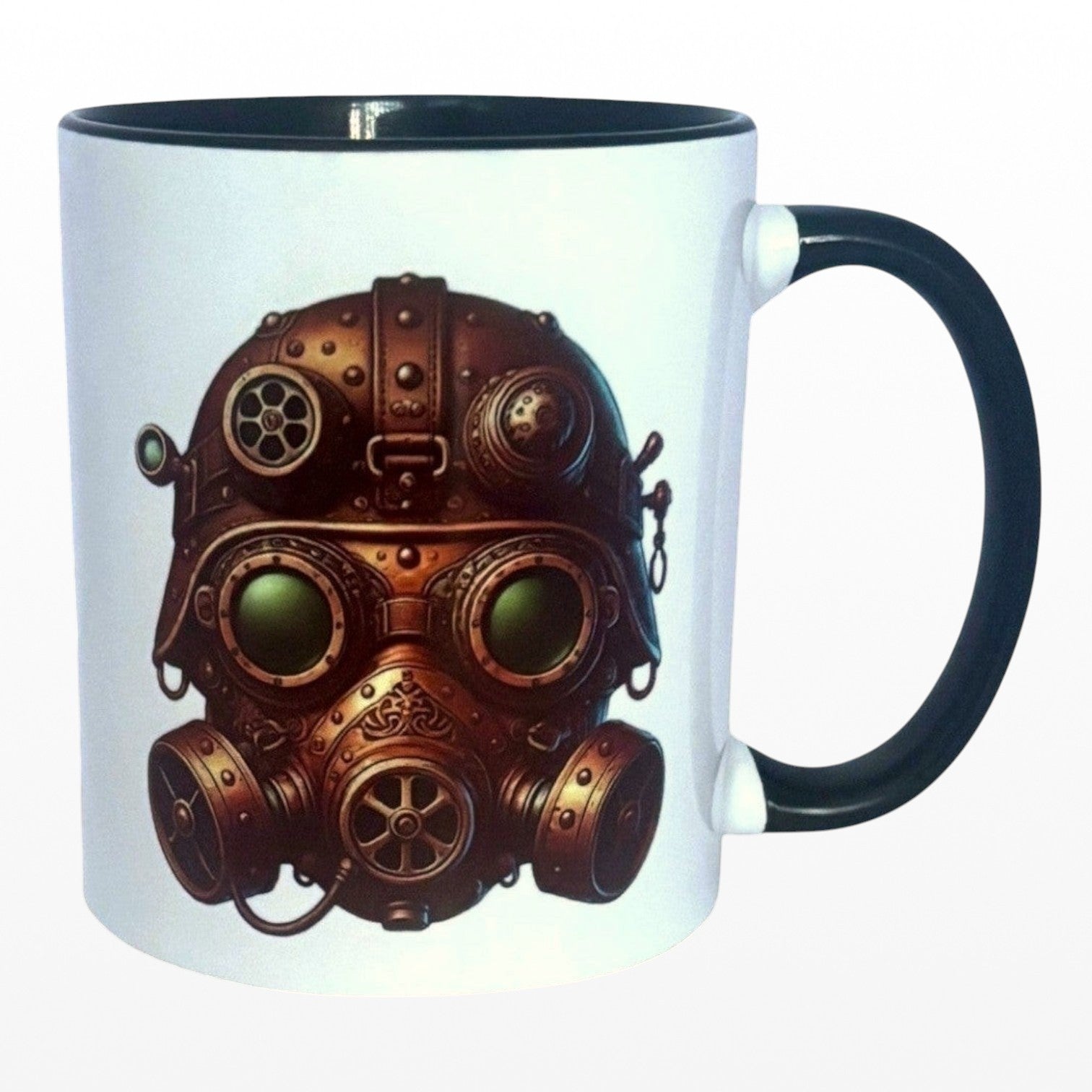 Illustrated Solutions Store steampunk gas mask ceramic mug with industrial design and green eye lenses. Close up view