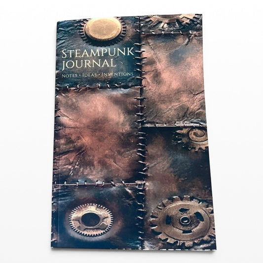 Illustrated Solutions Store steampunk journal with vintage leather design and gear accents. Ideal for notes, ideas, and inventions.
