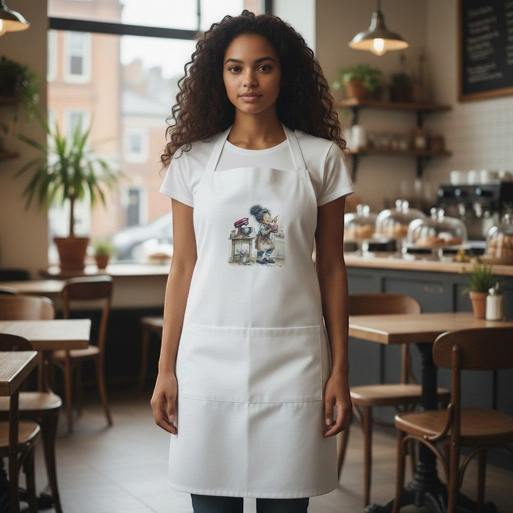 Illustrated Solutions Store white cotton apron with a baking design featuring a chef and mixer, perfect for cooking and baking.