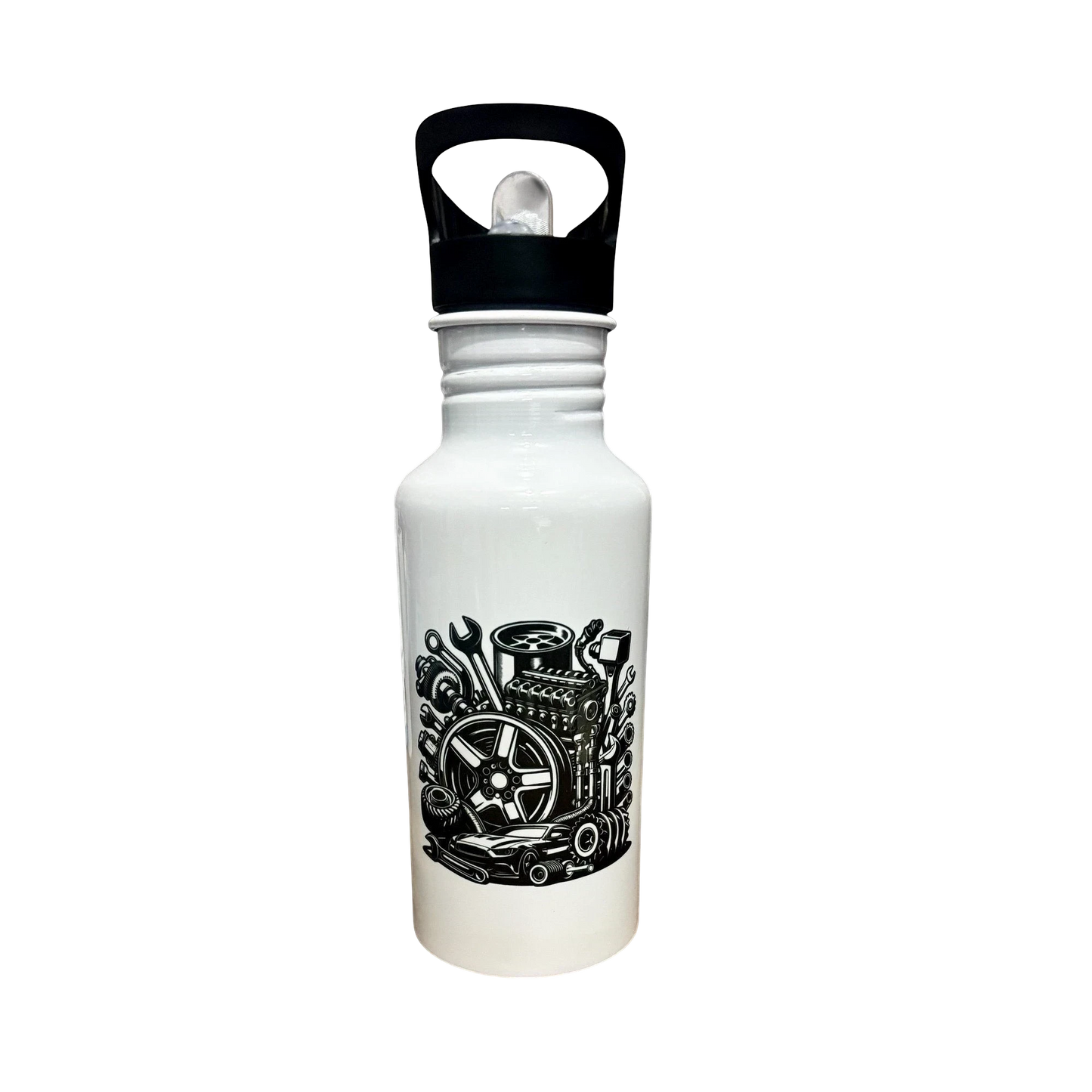 Illustrated Solutions Store white aluminum water bottle with black engine and car parts graphic. Features a black lid and handle.