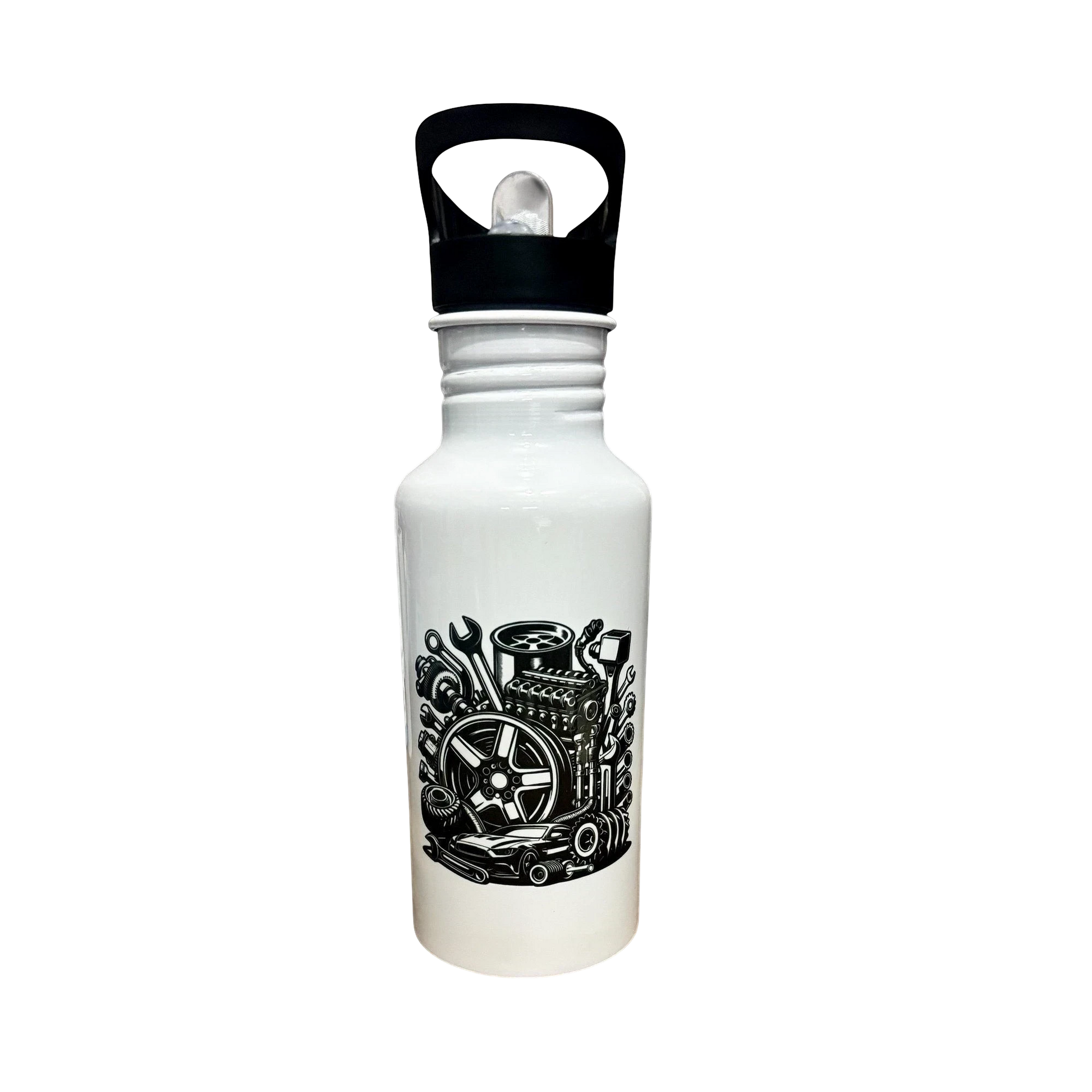 Illustrated Solutions Store white aluminum water bottle with black engine and car parts graphic. Features a black lid and handle.