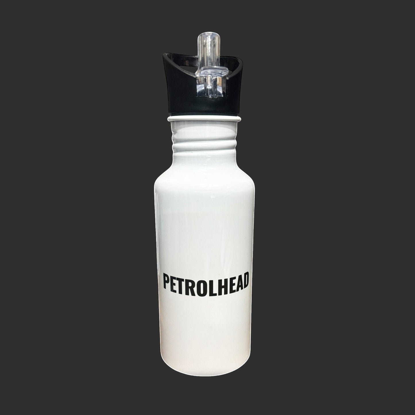 Illustrated Solutions Store white metal water bottle with black 'PETROLHEAD' text and black flip-top lid with straw.