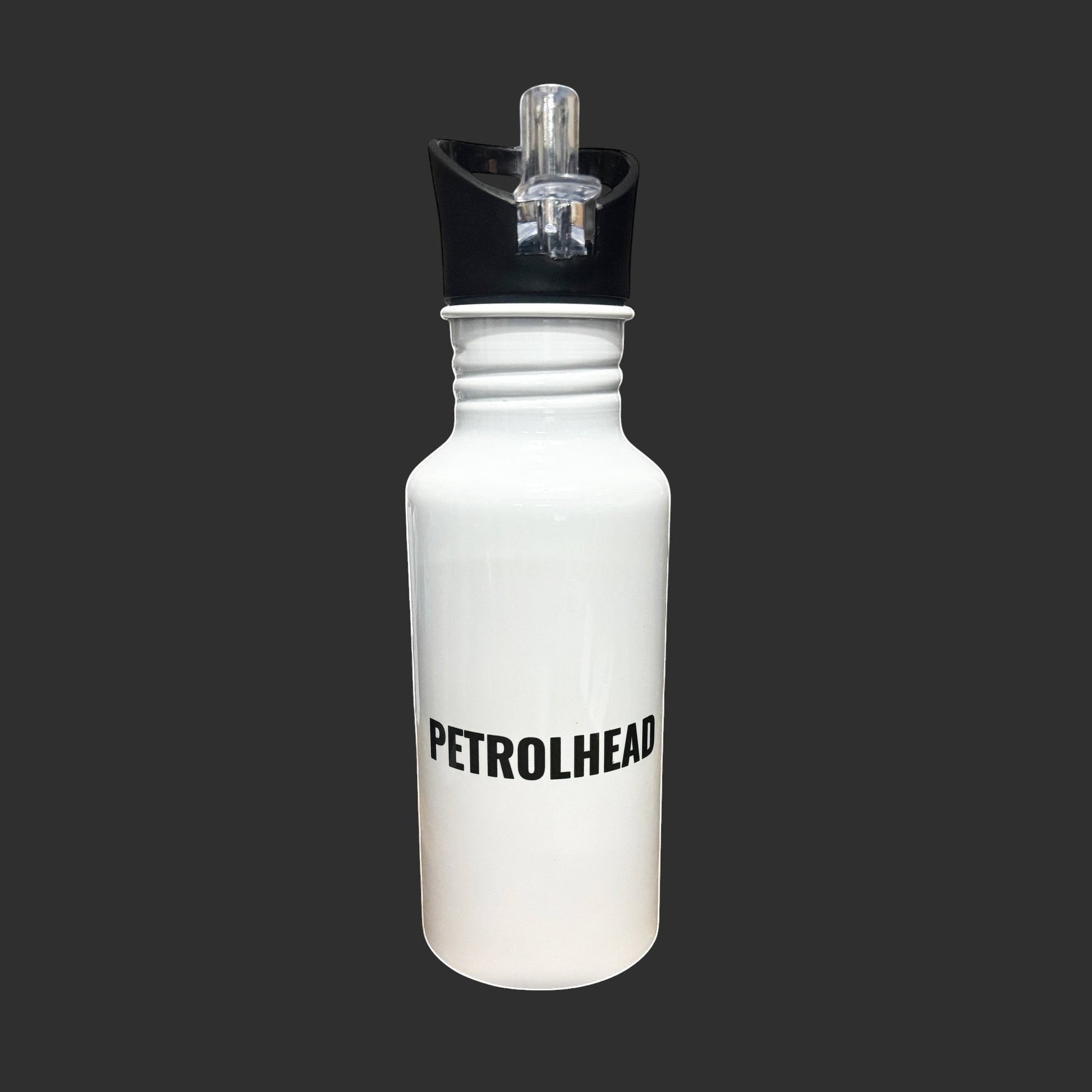 Illustrated Solutions Store white metal water bottle with black 'PETROLHEAD' text and black flip-top lid with straw.
