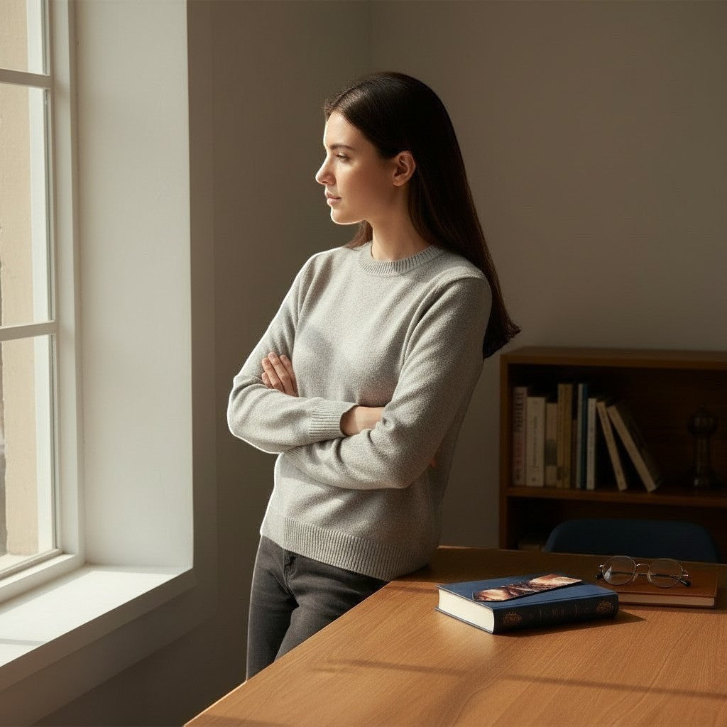 Woman stood at window.  Bookmark placed on a book.