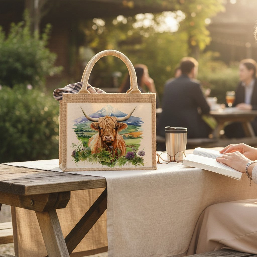 Person sitting at a picnic table with a jute bag featuring a cow design, reading a book, and drinking from a cup.