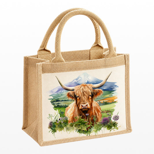 Jute bag with a highland cow design on a white background