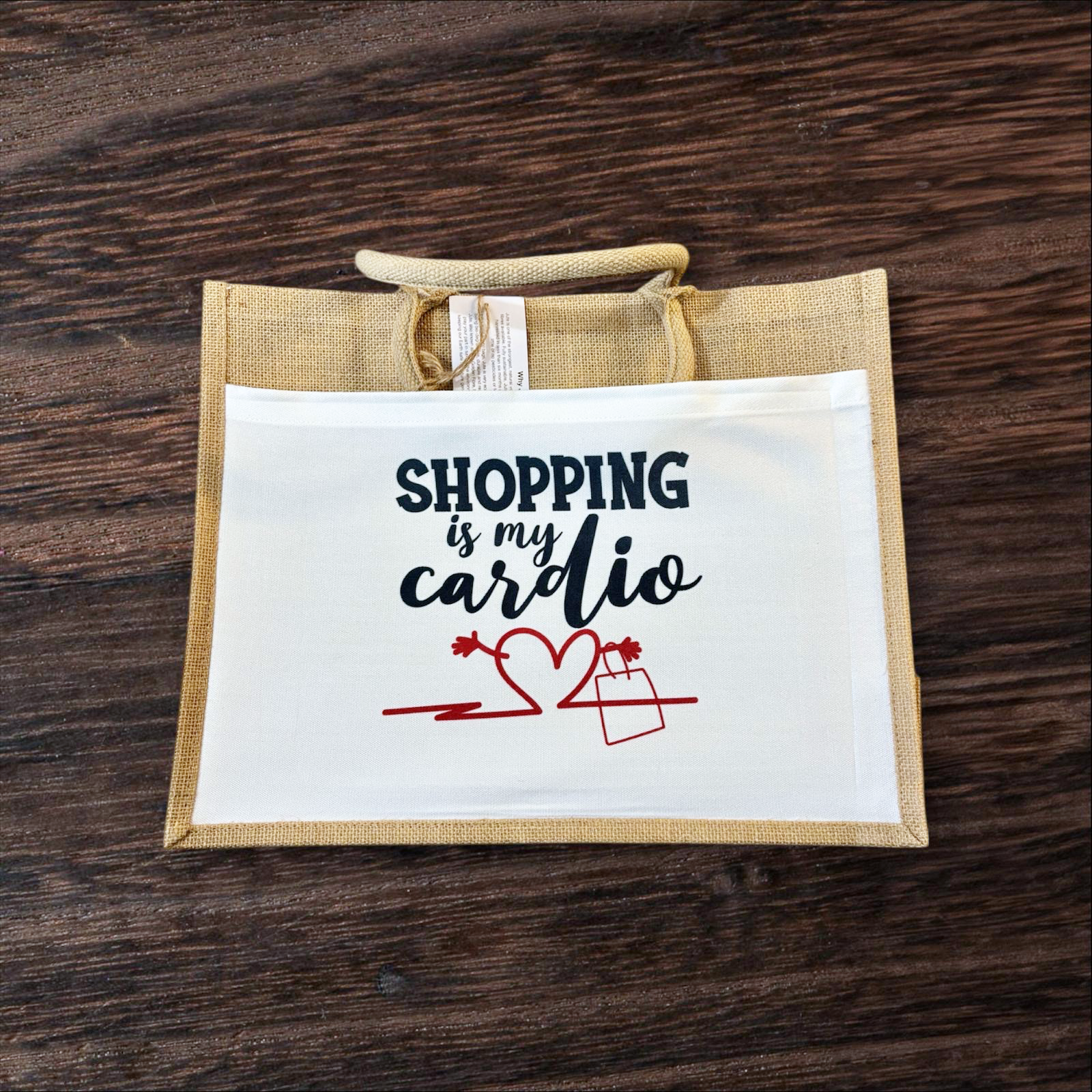 Jute bag with Shopping is my cardio printed on front white pocket hand printed UK