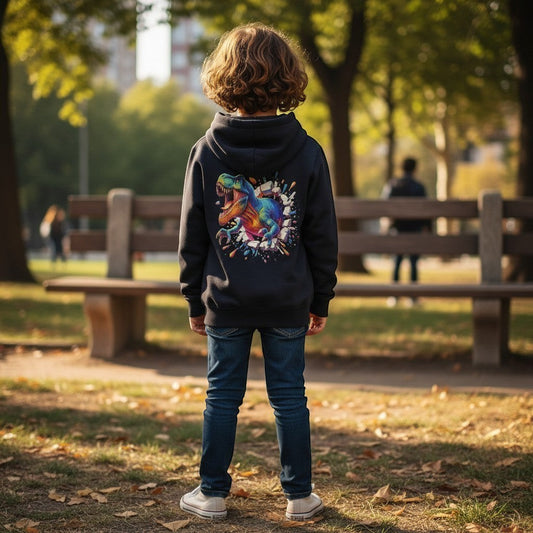 Child wearing a hoodie with a colorful dinosaur design in a park