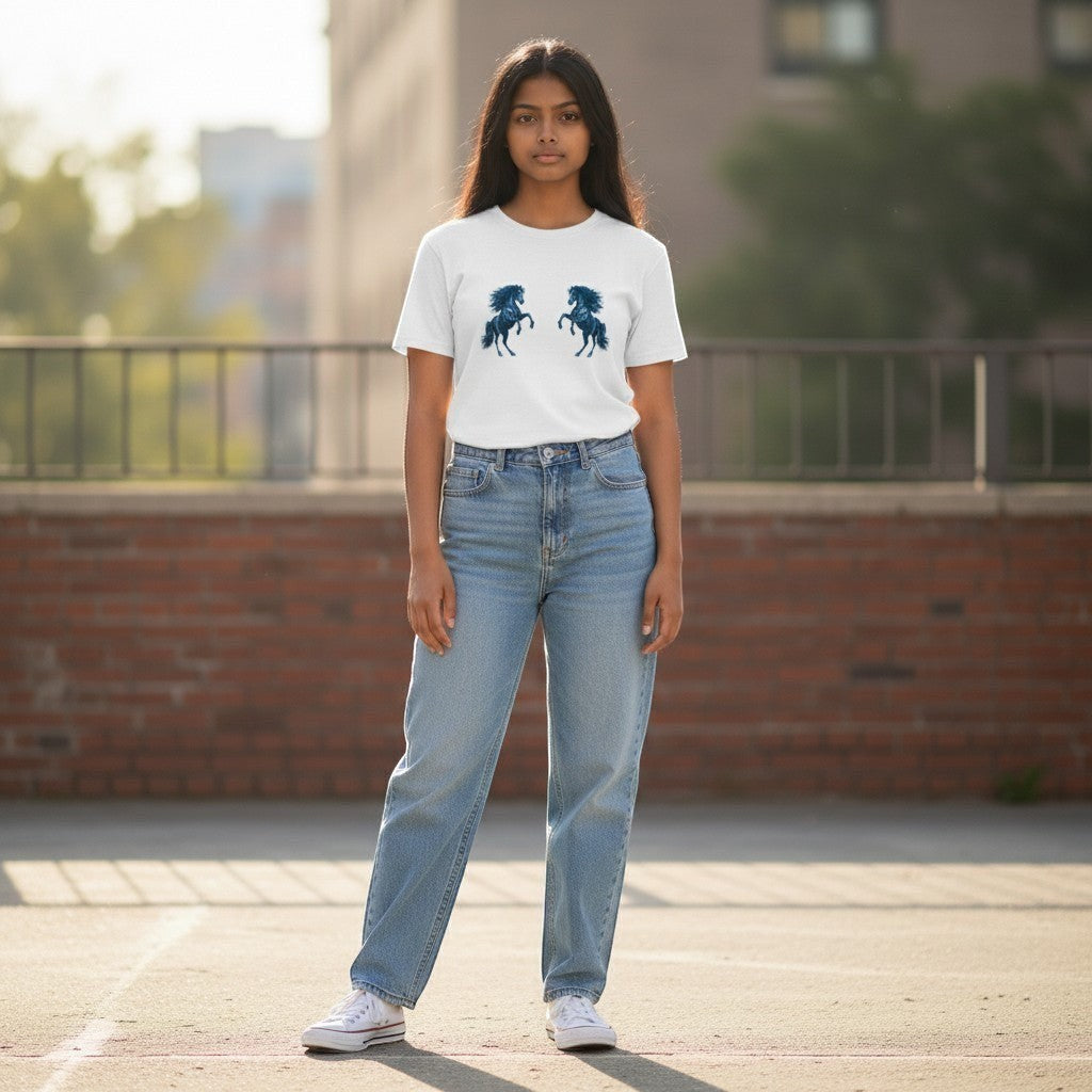 White kids t-shirt with two rearing blue horses graphic print.