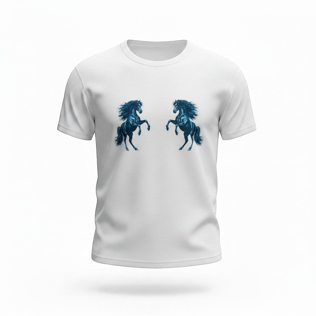 White t-shirt with blue horse design on a white background