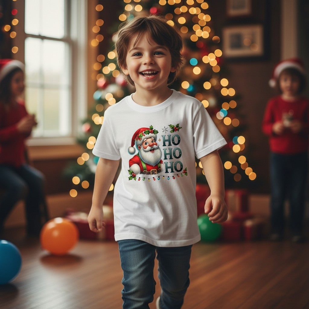 A young boy smiling in a living room wearing a white Christmas graphic t-shirt with a Santa Claus design and 'HO HO HO' text, with blurred holiday lights and other children in the background.
