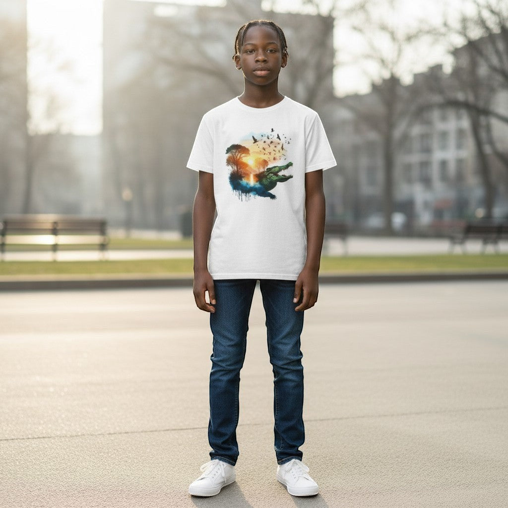 White kids t-shirt with a vibrant animal design featuring a crocodile, trees, and birds at sunset.