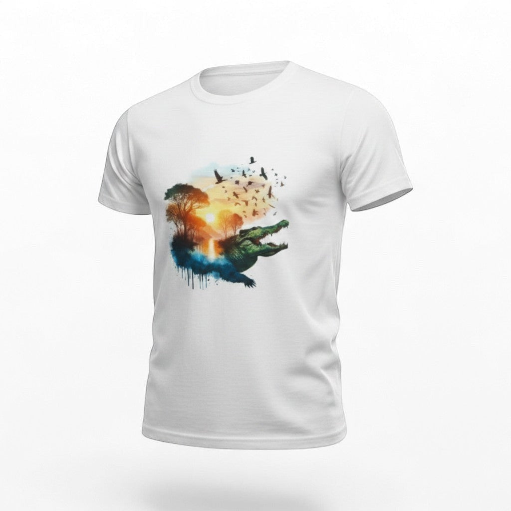 White kids t-shirt with a vibrant animal design featuring a crocodile, trees, and birds at sunset.