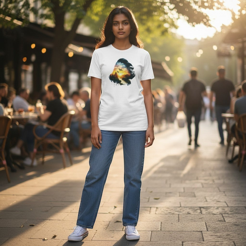 White kids t-shirt with a gorilla silhouette filled with a forest landscape and sunset.