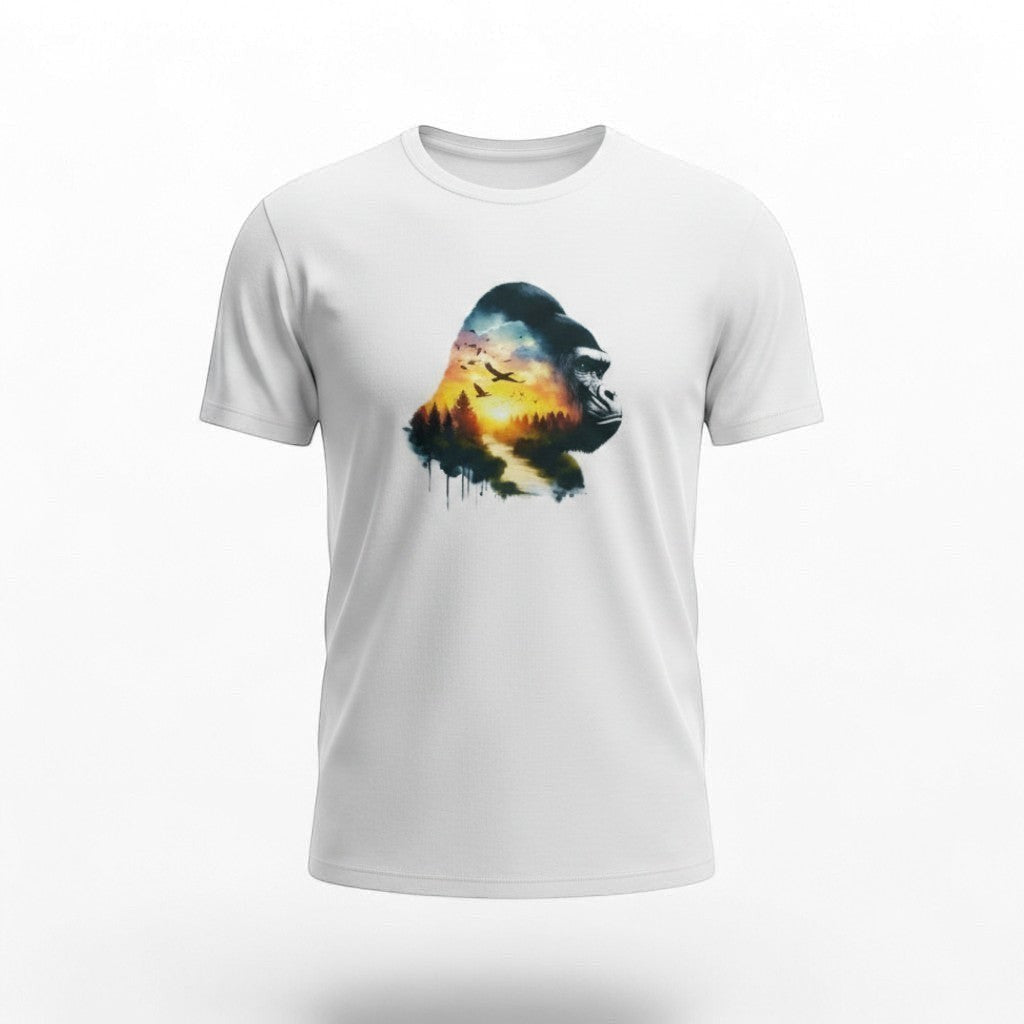 White kids t-shirt with a gorilla silhouette filled with a forest landscape and sunset scene.