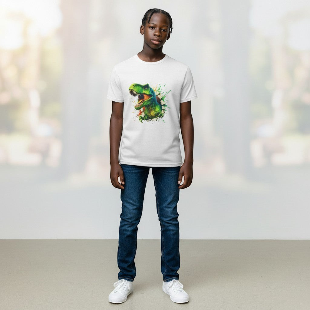 White kids t-shirt with a roaring green T-Rex dinosaur bursting through a colourful splash.