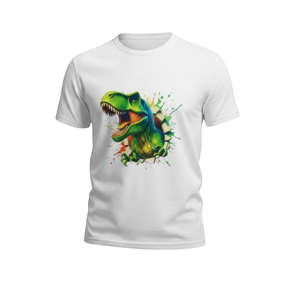 White cotton t-shirt with a vibrant green T-Rex dinosaur bursting through a colourful splash effect.