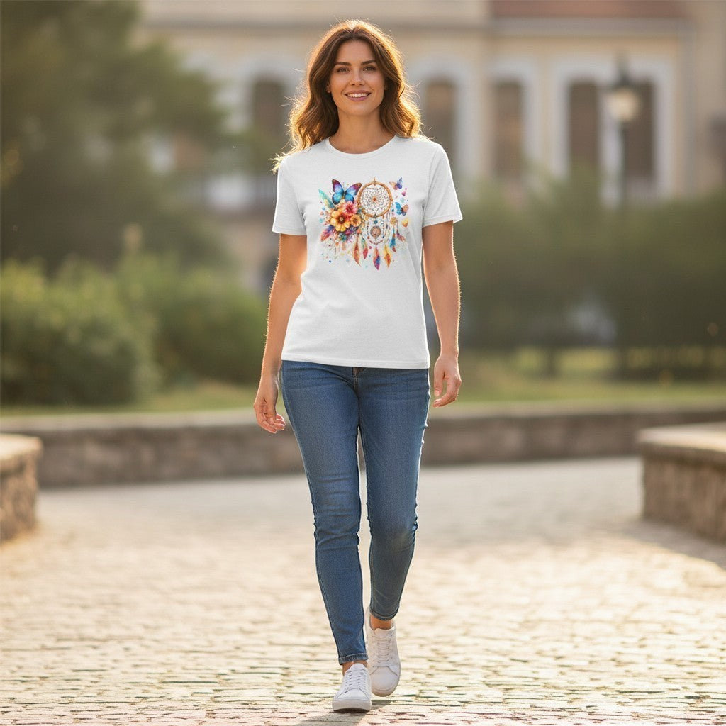 Woman wearing a white t-shirt with a colorful dreamcatcher design, walking outdoors.
