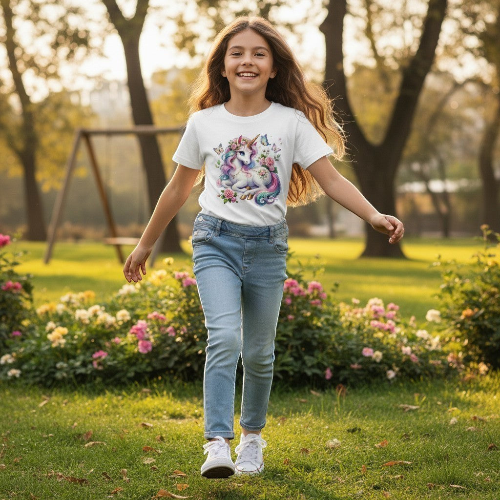 Young girl running in a park with a unicorn t-shirt on