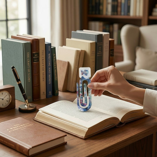 Literary gift of an acrylic book clip with colourful library silhouette design held over an open book.