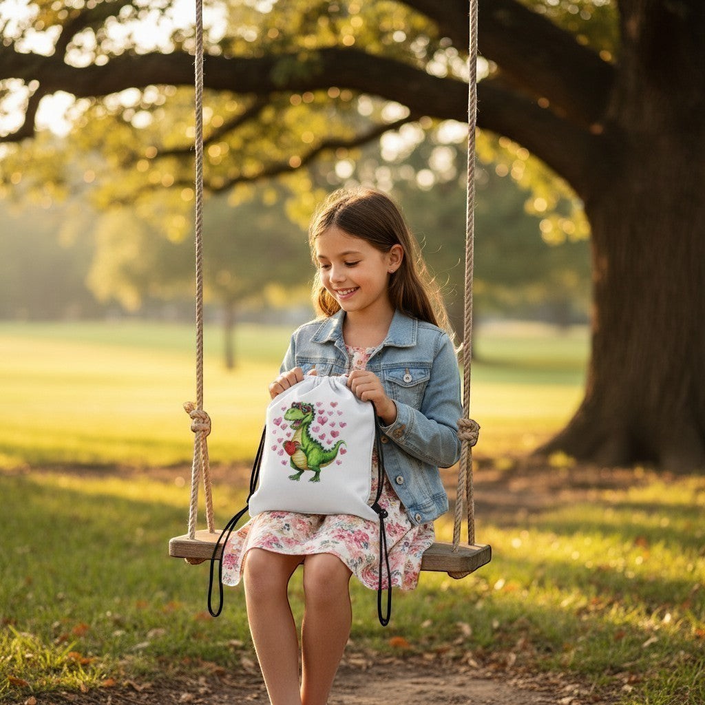 Illustrated Solutions Store white drawstring bag with green dinosaur graphic and pink hearts, held by a smiling girl on a swing.