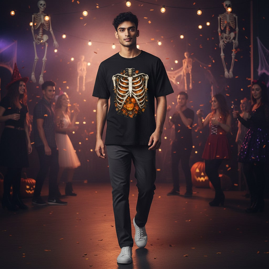 A man walks down a hallway wearing a black graphic t-shirt with a detailed orange and gold skeleton rib cage and pumpkin design, paired with dark gray pants and white sneakers. The background is a Halloween-themed party with people, skeletons, and warm hanging lights.